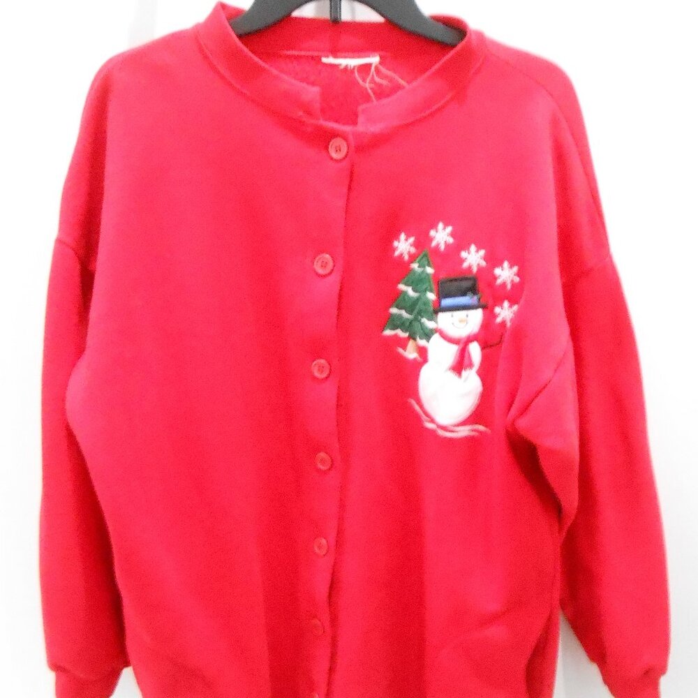 Women's Red Cardigan Holiday Winter Scene Snowman Sweatshirt w/Pockets Plus Size